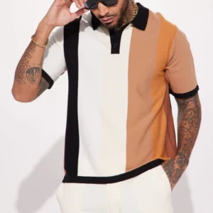 Levels Striped Short Sleeve Knit Polo - Brown/combo